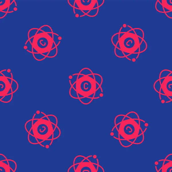 Rotes Atom Symbol Isoliert Nahtlose Muster Auf Blauem Hintergrund Symbol — Stockvektor