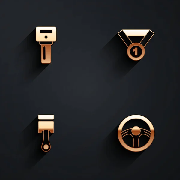 Set Autoschlüssel Mit Fernbedienung Medal Motor Kolben Und Rennlenkrad Symbol — Stockvektor