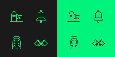 Bayrak Treni, Turnstile treni ve istasyon çan ikonu hattını ayarlayın. Vektör.