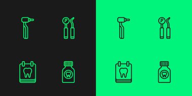 Diş ağrısı için ağrı kesici tablet takvimini diş matkabı, diş aynası ve sonda ikonu ile ayarla. Vektör.