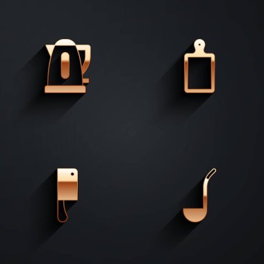 Elektrikli çaydanlık kesme tahtasının et helikopterini ve uzun gölgeli mutfak kepçesi simgesini ayarla. Vektör.