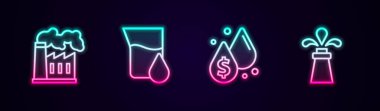 Petrol ve gaz endüstriyel petrol test tüplerini dolar sembolü ve teçhizatı ile bırakın. Parlayan neon ikonu. Vektör.