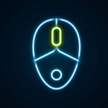 Parlayan neon hattı Bilgisayar faresi oyun simgesi siyah arkaplanda izole edildi. Tekerlek sembollü optik. Renkli taslak konsepti. Vektör