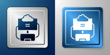 White Cloud database icon isolated on blue and grey background. Cloud computing concept. Digital service or app with data transferring. Silver and blue square button. Vector