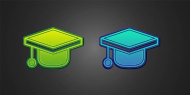 Green and blue Graduation cap icon isolated on black background. Graduation hat with tassel icon.  Vector