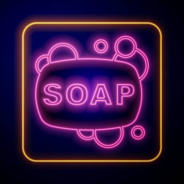 Siyah arkaplanda parlayan neon sabun simgesi. Köpüklü sabun çubuğu. Vektör