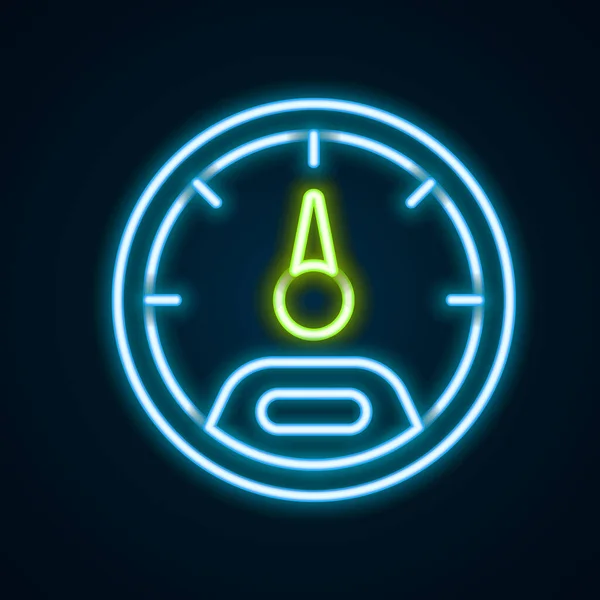 Stock vector Glowing neon line Speedometer icon isolated on black background. Colorful outline concept. Vector