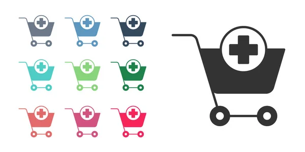黑色添加到购物车图标隔离在白色背景 网上购物的概念 送货服务标志 超级市场篮子的象征 设置彩色图标 — 图库矢量图片