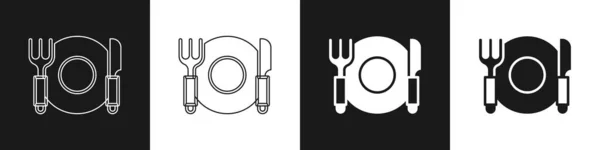 Set Plate Fork Knife Icon Isolated Black White Background Cutlery — Stock Vector