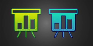 Siyah arkaplanda grafik grafik simgesi olan yeşil ve mavi tahta. Metin dosya simgesini rapor et. Muhasebe tabelası. Denetim, analiz, planlama. Vektör