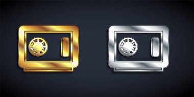 Siyah arka planda izole edilmiş altın ve gümüş renkli kasa simgesi. Kapı, şifreli bir banka kasası. Güvenilir Veri Koruma. Uzun gölge tarzı. Vektör