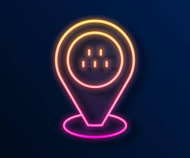 Siyah zemin üzerinde izole edilmiş bir taksi arabası simgesi olan parlak neon hattı haritası. Konum sembolü. Vektör