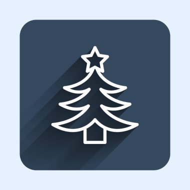 Beyaz çizgi Noel ağacı ikonu uzun gölge arkaplan izole. Mutlu Noeller ve mutlu yıllar. Mavi kare düğme. Vektör