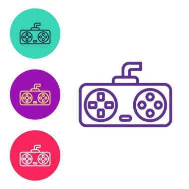 Oyun konsolu simgesi için oyun konsolu denetleyicisini veya joystick 'i beyaz arkaplanda izole et. Simgeleri renklendirin. Vektör