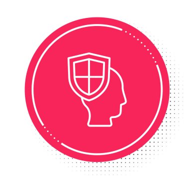 Beyaz çizgi Hayat Sigortası, beyaz arka planda kalkan simgesi var. Güvenlik, güvenlik, koruma, konsept koruma. Kırmızı daire düğmesi. Vektör