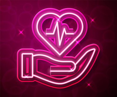 Parlayan neon hattı kırmızı arka planda izole edilmiş el ikonu hayat sigortası. Güvenlik, güvenlik, koruma, konsept koruma. Vektör