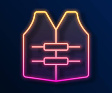 Parlayan neon çizgili can yeleği simgesi siyah arkaplanda izole edildi. Can yeleği ikonu. Olağanüstü bir spor. Spor malzemeleri. Vektör