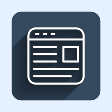 Beyaz çizgi reklam simgesi uzun gölge arkaplanı ile izole edildi. Pazarlama ve tanıtım süreci kavramı. İlgili reklamlar. Sosyal medya reklamcılığı. Mavi kare düğme. Vektör