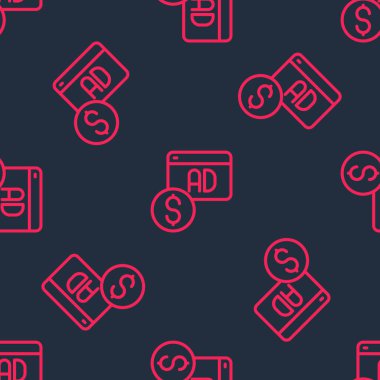 Kırmızı çizgi reklam simgesi izole edilmiş siyah arkaplan üzerindeki pürüzsüz desen. Pazarlama ve tanıtım süreci kavramı. İlgili reklamlar. Sosyal medya reklamcılığı. Vektör