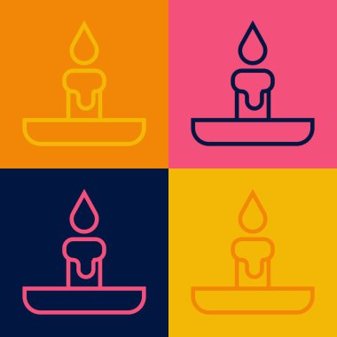 Pop sanat çizgisi, mum yakma ikonu renkli arkaplanda izole edilmiş. Silindirik mum çubuğu ve yanan ateş. Vektör