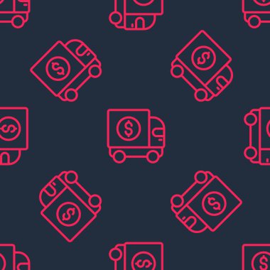 Kırmızı çizgi zırhlı kamyon ikonu siyah arkaplandaki kusursuz deseni izole etti. Vektör