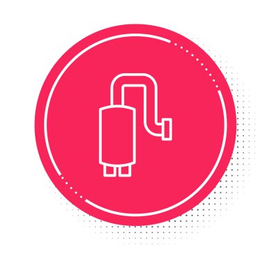 Beyaz çizgili araba susturucusu simgesi beyaz arkaplanda izole edildi. Egzoz borusu. Kırmızı daire düğmesi. Vektör