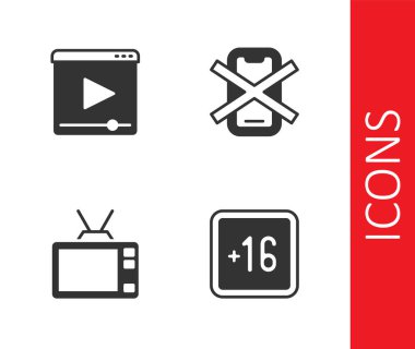 Set Plus 16 film, Online oyun videosu, Retro TV ve cep telefonu simgesi yok. Vektör