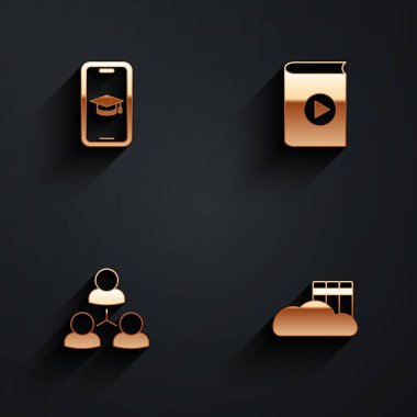 Mezuniyet kepini mobil, sesli kitap, çevrimiçi sınıf ve bulut ya da uzun gölgeli çevrimiçi kütüphane simgesine ayarla. Vektör