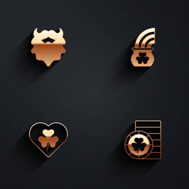 Bıyık ve sakal, gökkuşaklı altın çanak, yonca yaprağı ve uzun gölgeli altın leprikon para ikonu. Vektör