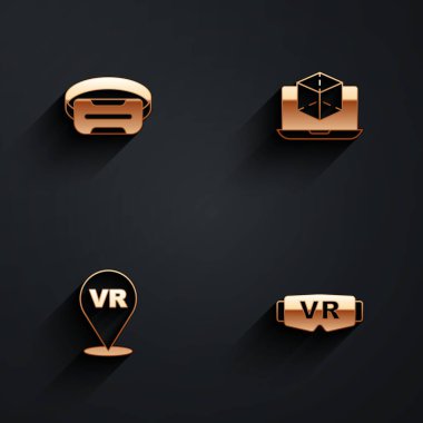 Set Virtual reality glasses, 3d modeling,  and  icon with long shadow. Vector