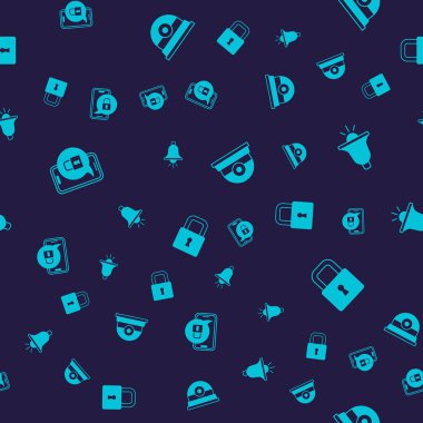 Kapalı asma kilit, alarm zili, güvenlik kamerası ve kilit sorunsuz bir şablona ayarlayın. Vektör