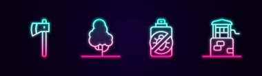 Tahta balta, meyve ağacı böcek ve kuyuya karşı sprey kullanın. Parlayan neon ikonu. Vektör
