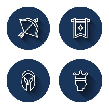 Orta Çağ yayı, ok, bayrak, miğfer ve uzun gölgeli kral tacı. Mavi daire düğmesi. Vektör