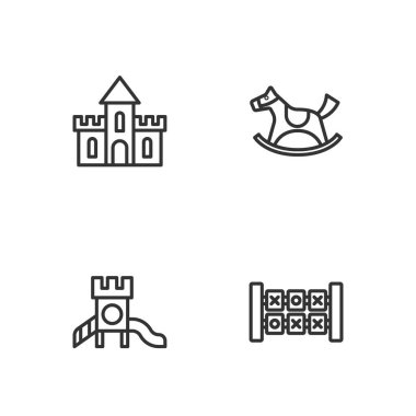 Eğitim Mantık Oyunu, Kaydırak oyun alanı, Kumdan kale ve At eyer salıncak ikonu. Vektör