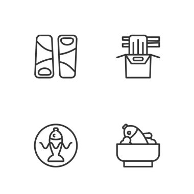 Pirinç ve balık tabakta, Guotie ve Asya eriştesi karton kutu ikonu ile servis edilir. Vektör