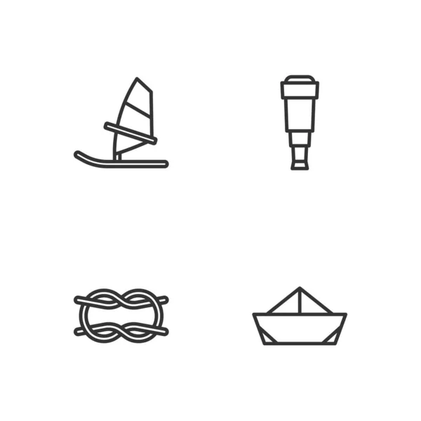 Встановити Лінію Складений Паперовий Човен Вузли Морської Мотузки Піктограму Єктива — стоковий вектор