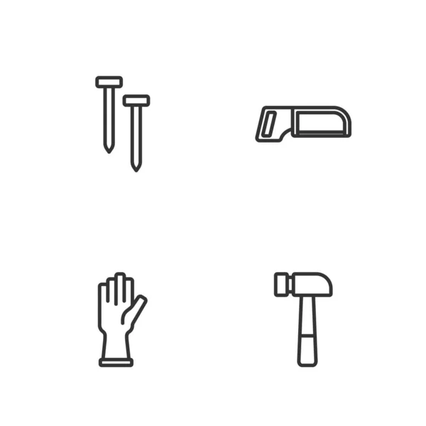 Set Line Hammer Protective Gloves Metallic Nails Hacksaw Icon Vector — Stock Vector