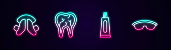 Set Line Zahnplatte Gebrochene Tube Zahnpasta Und Schutzbrille Leuchtende Leuchtschrift — Stockvektor