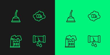 Vana, petrol ve gaz sanayi fabrikası, motor makinesi ve CO2 emisyon bulutu ikonu olan bozuk petrol borularını ayarlayın. Vektör