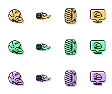 Lastik tekerleği, yarış kaskı, tekerlek alevi ve ikon. Vektör