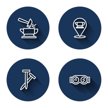 Örs ve çekiç, demirci örs aleti, metal çiviler ve uzun gölgeli kaynak gözlüğü. Mavi daire düğmesi. Vektör