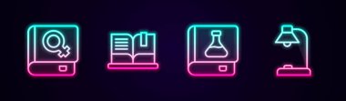 Kadınların Açık Kitap Kimya ve Masa Lambası hakkındaki satırı ayarla. Parlayan neon ikonu. Vektör.