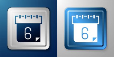 Mavi ve gri arkaplanda beyaz takvim simgesi izole edildi. Olay hatırlatma sembolü. Gümüş ve mavi kare düğme. Vektör.