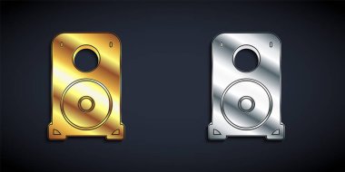 Altın ve gümüş Stereo hoparlör simgesi siyah arkaplanda izole edildi. Ses sistemi hoparlörleri. Müzik ikonu. Müzikal sütun hoparlörü. Uzun gölge tarzı. Vektör.