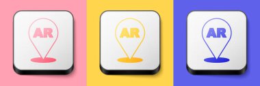 Isometric Augmented reality AR icon isolated on pink, yellow and blue background. Virtual futuristic wearable devices. Square button. Vector.
