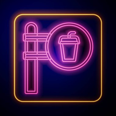 Glowing neon Cafe and restaurant location icon isolated on black background. Fork and spoon eatery sign inside pinpoint. Vector..