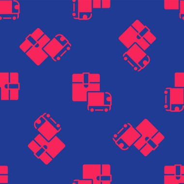 Kırmızı kargo kamyonu ikonu mavi arka planda izole edilmiş. Vektör.