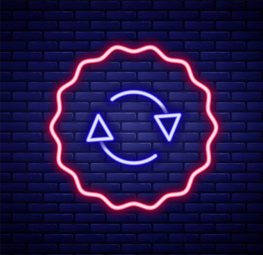 Parlayan neon hattı geri dönüşüm sembolü tuğla duvar arka planında izole edilmiş. Dairesel ok simgesi. Çevre geri dönüşümü yeşile döner. Renkli taslak konsepti. Vektör.