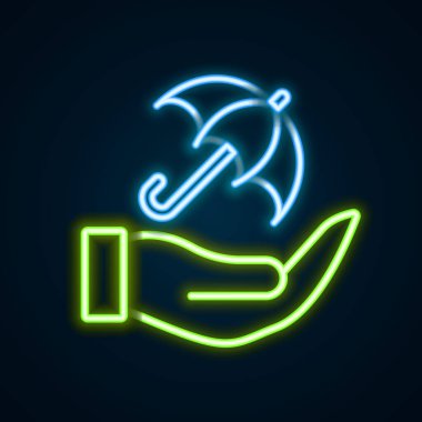 Glowing neon line Umbrella in hand icon isolated on black background. Insurance concept. Waterproof icon. Protection, safety, security concept. Colorful outline concept. Vector.