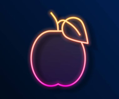 Parlayan neon hattı, siyah arkaplanda izole edilmiş erik meyvesi ikonu. Vektör.